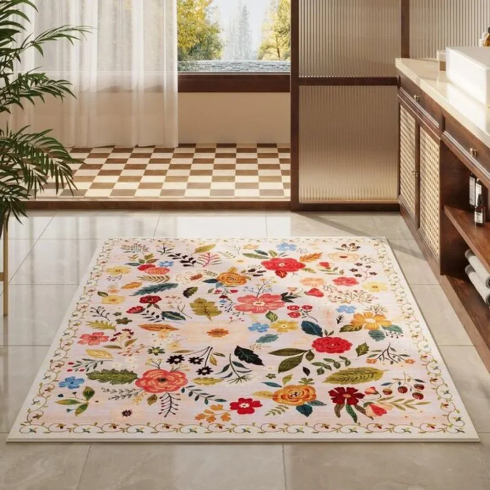 New 4x6 Washable Boho Rug, Non-Slip Low Pile Floral Carpet for Home & Office